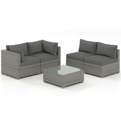 5-Piece Outdoor Patio Sectional Sofa Couch and Glass Coffee Table with Cushions-Gray - Gray