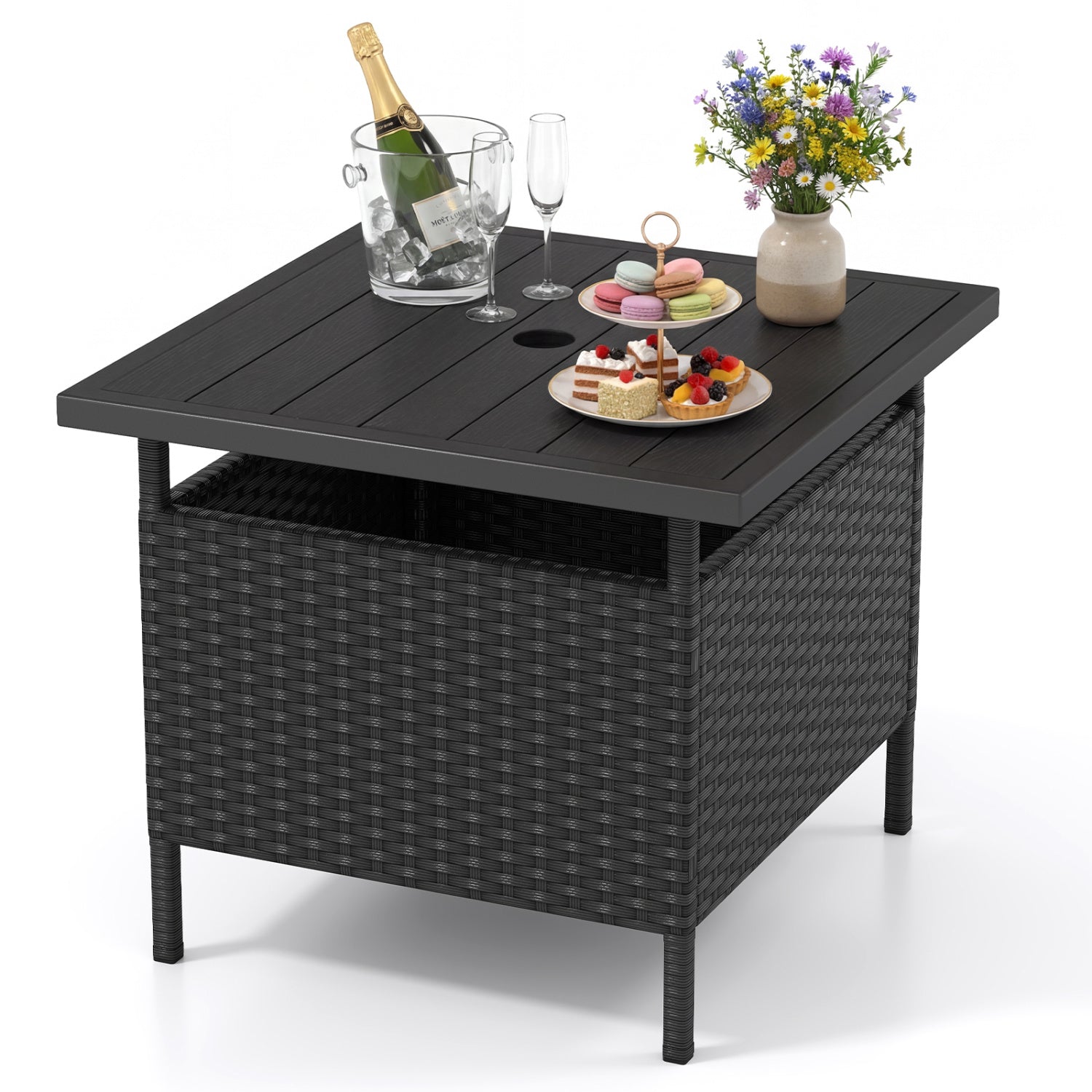 Patio Square Wicker Side Table with Umbrella Hole for Yard-Black - Black