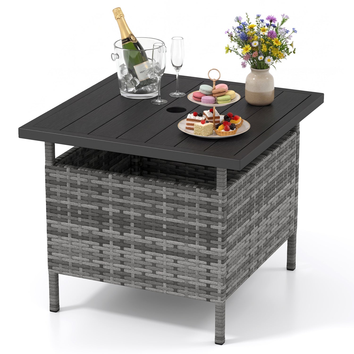 Patio Square Wicker Side Table with Umbrella Hole for Yard-Black - Gray