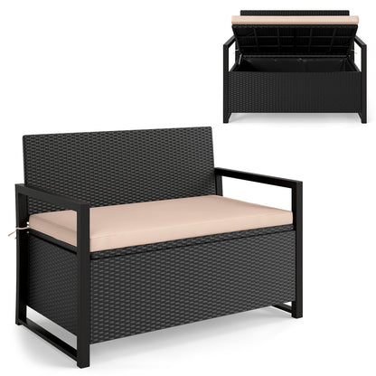 Patio Storage Bench Outdoor Wicker Loveseat with Built-in Storage