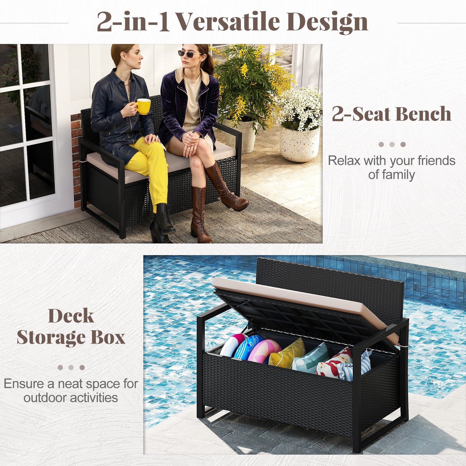 Patio Storage Bench Outdoor Wicker Loveseat with Built-in Storage