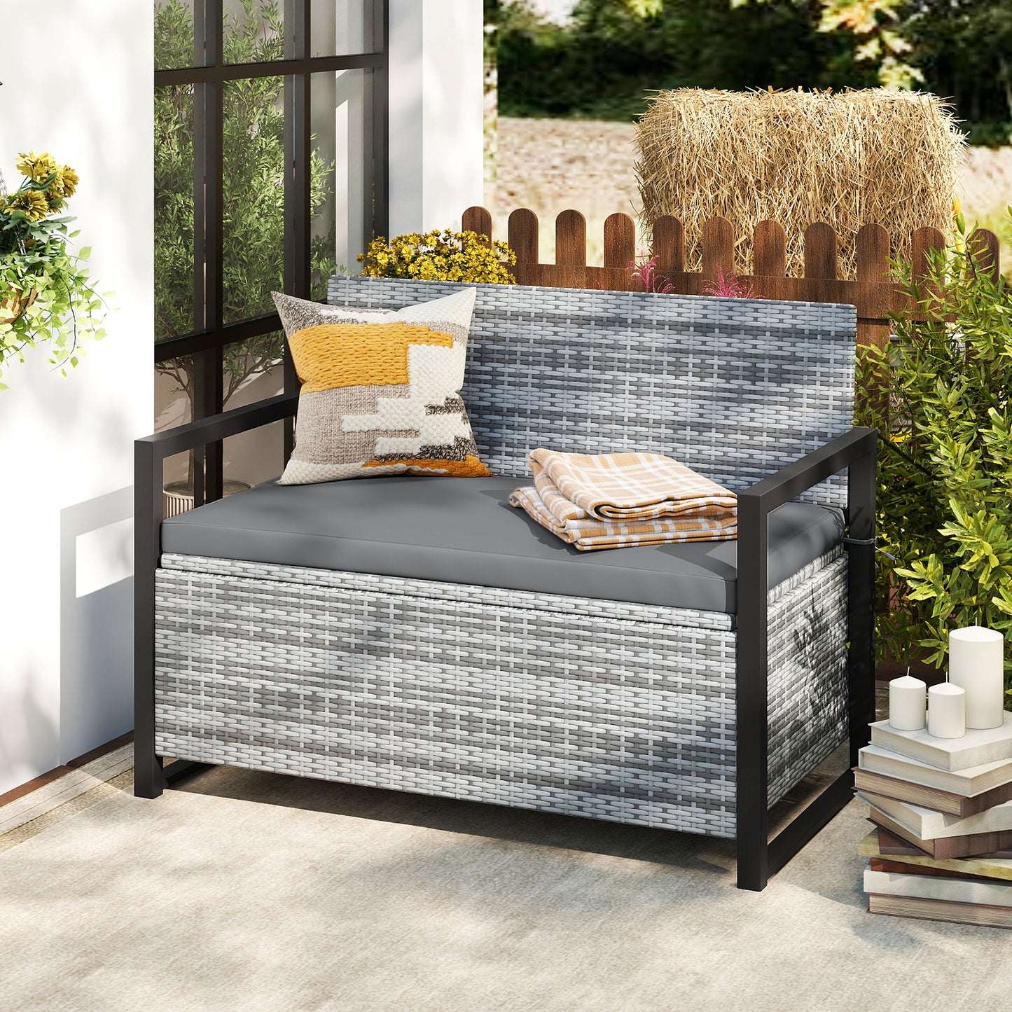 Patio Storage Bench Outdoor Wicker Loveseat with Built-in Storage-Gray