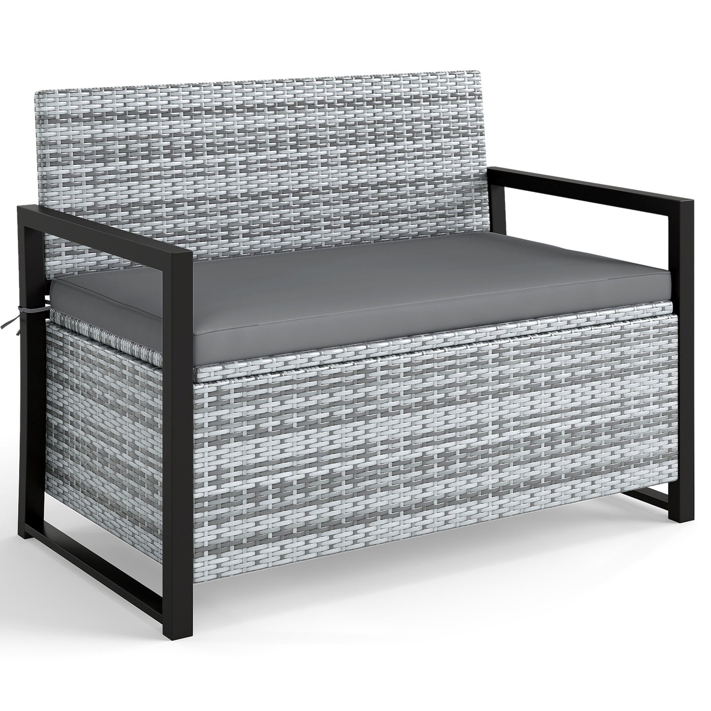 Patio Storage Bench Outdoor Wicker Loveseat with Built-in Storage-Gray