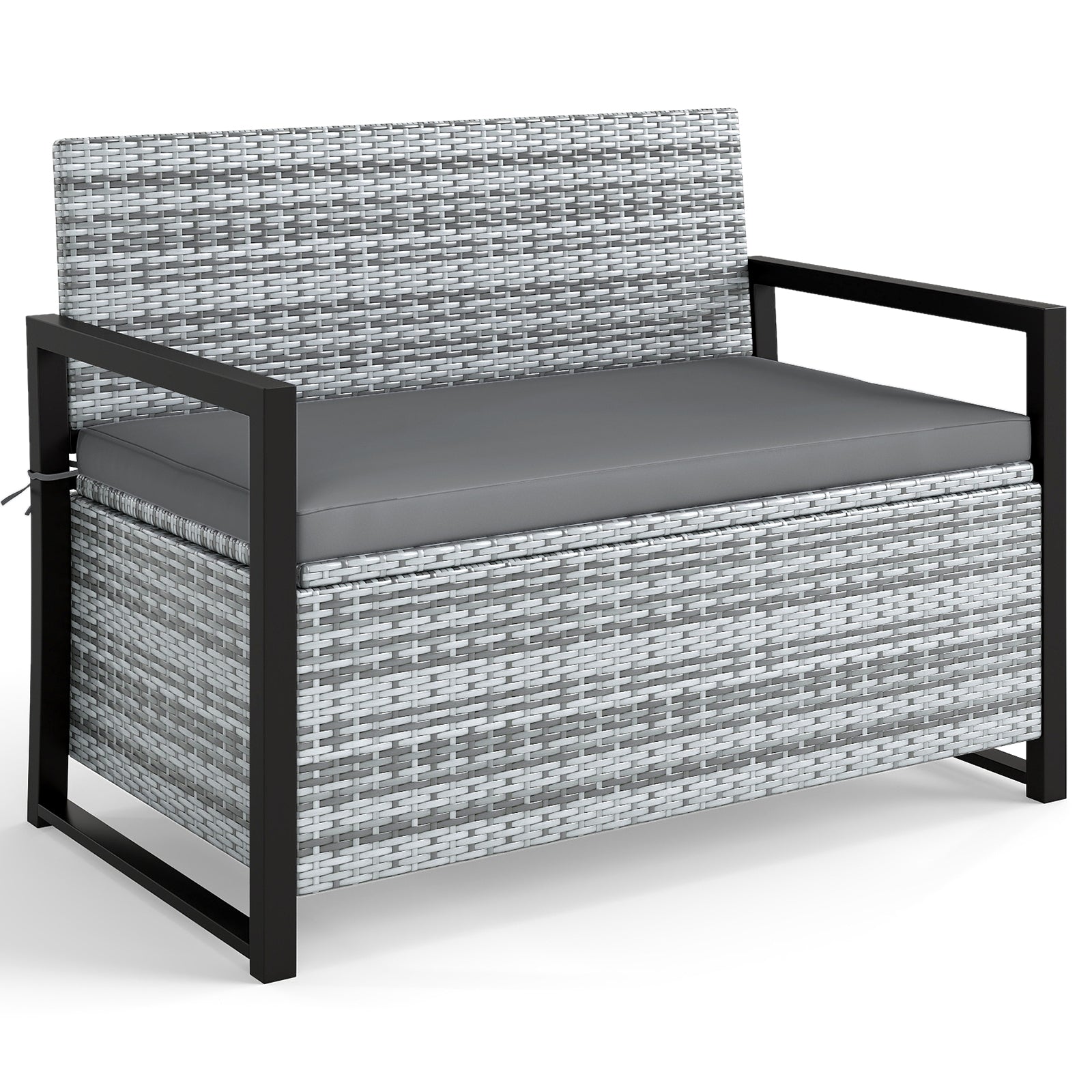 Patio Storage Bench Outdoor Wicker Loveseat with Built-in Storage-Gray