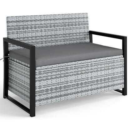 Patio Storage Bench Outdoor Wicker Loveseat with Built-in Storage-Gray