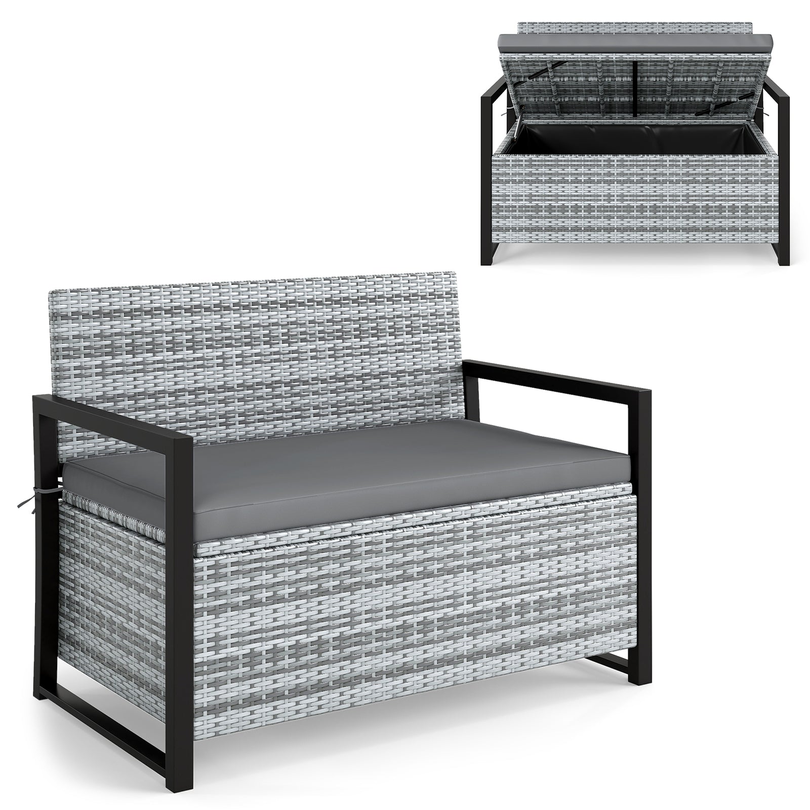 Patio Storage Bench Outdoor Wicker Loveseat with Built-in Storage-Gray
