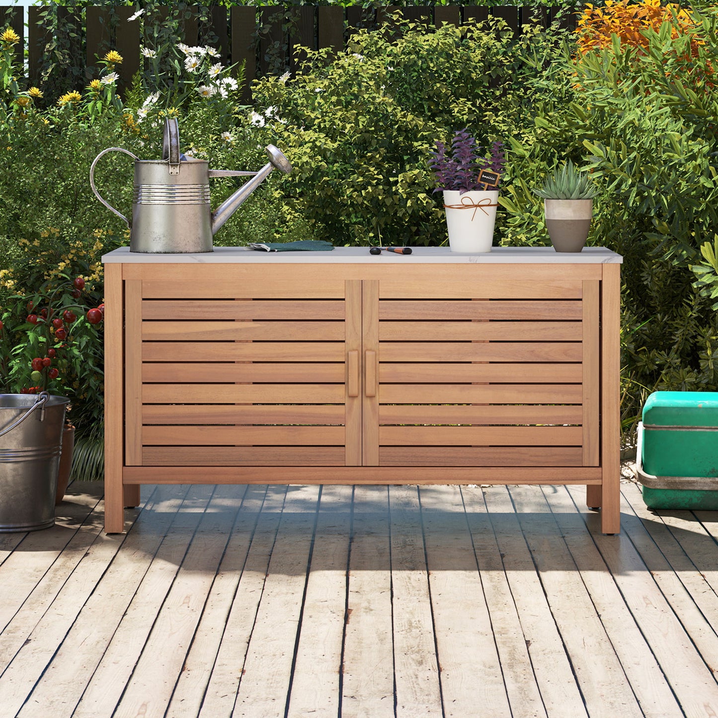 Patio Storage Cabinet 2-Door Acacia Wood Storage Container with Faux Marble Top