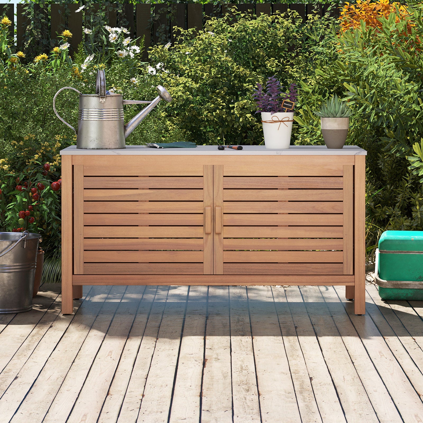 Patio Storage Cabinet 2-Door Acacia Wood Storage Container with Faux Marble Top