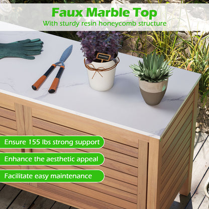 Patio Storage Cabinet 2-Door Acacia Wood Storage Container with Faux Marble Top
