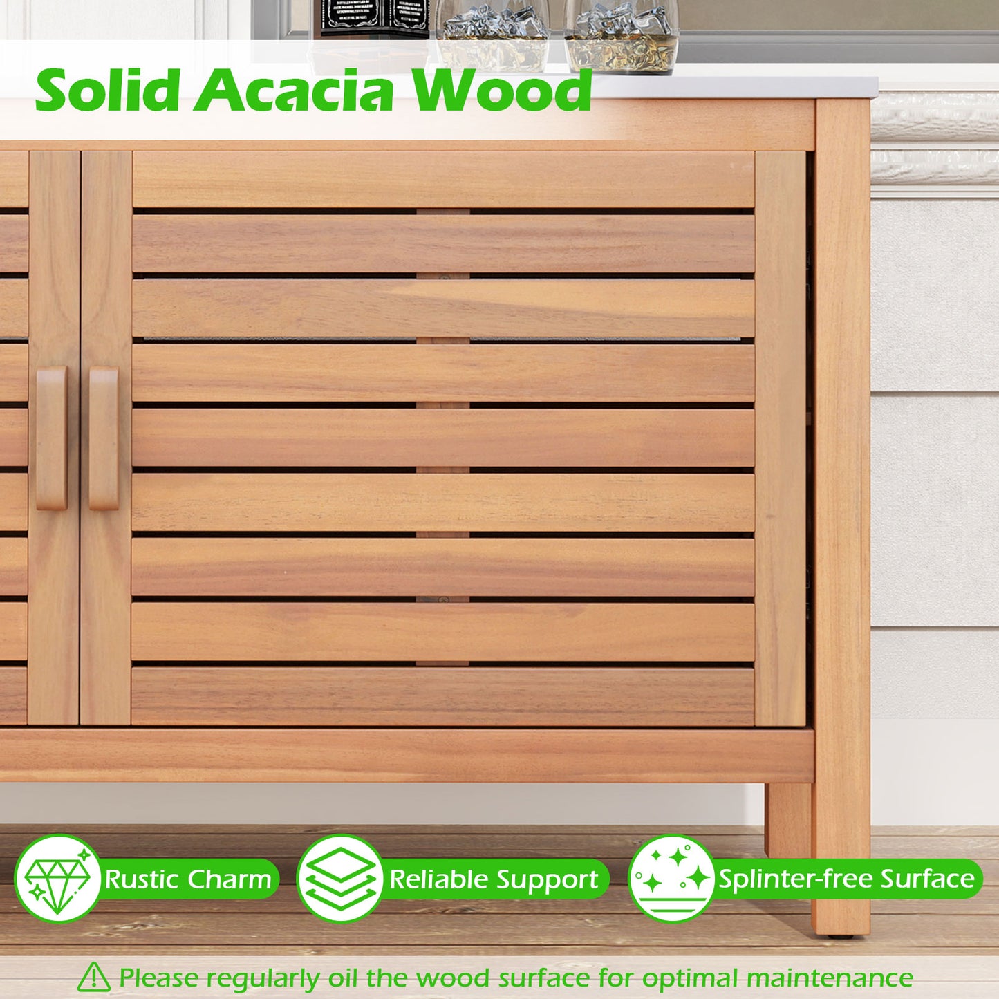 Patio Storage Cabinet 2-Door Acacia Wood Storage Container with Faux Marble Top