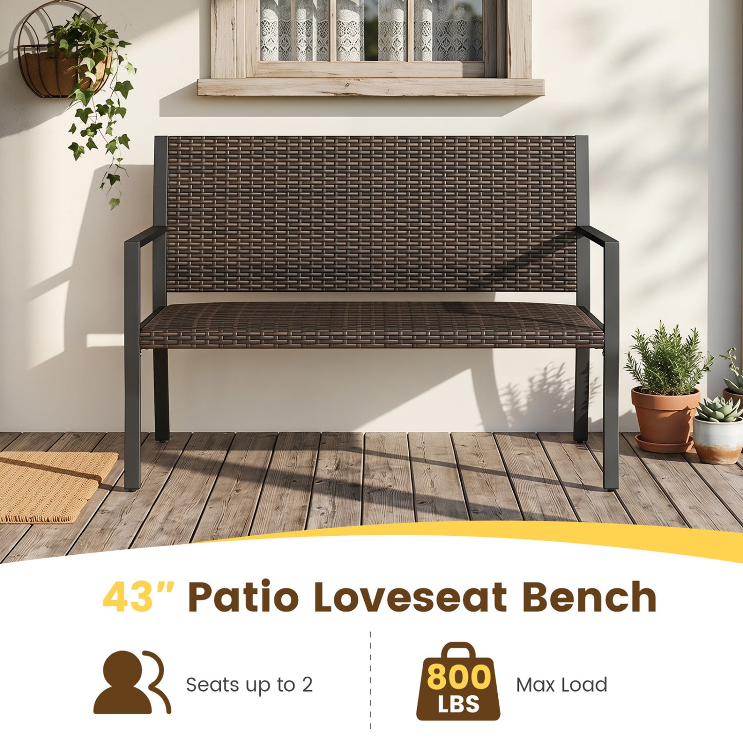 Outdoor Rattan Loveseat with Sponge Cushion - 800 lbs Capacity
