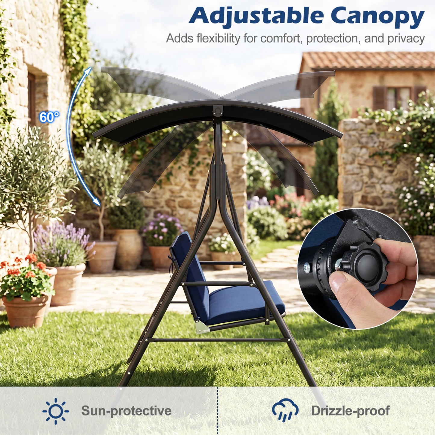 2-Person Patio Swing Chair with Adjustable Canopy