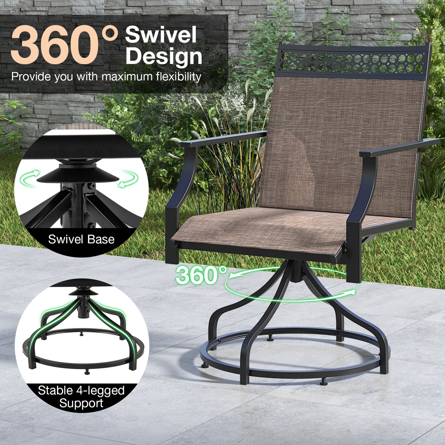 Patio Swivel Dining Chairs Set of 2 with Heavy-duty Metal Frame and Armrests-Brown