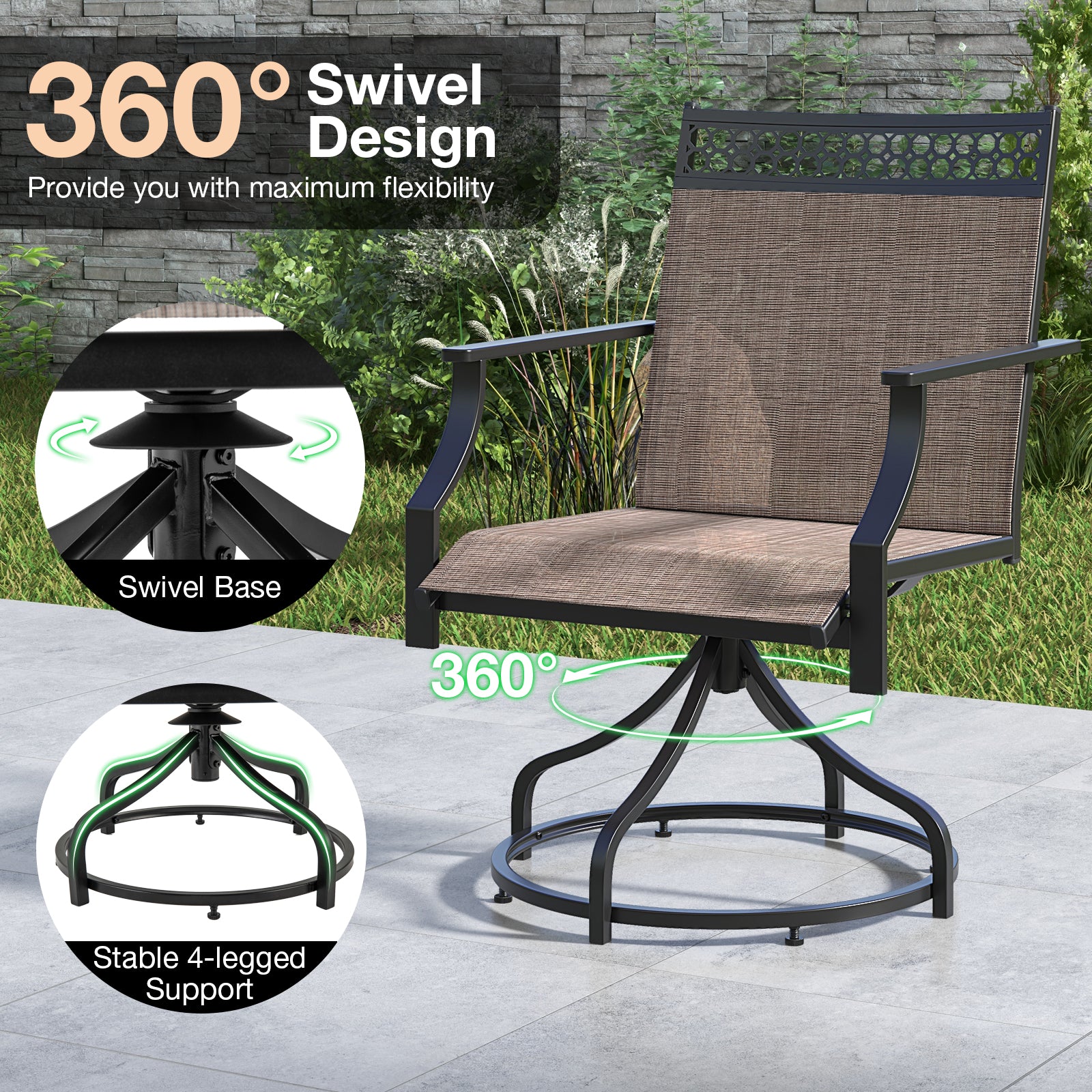 Patio Swivel Dining Chairs Set of 2 with Heavy-duty Metal Frame and Armrests-Brown