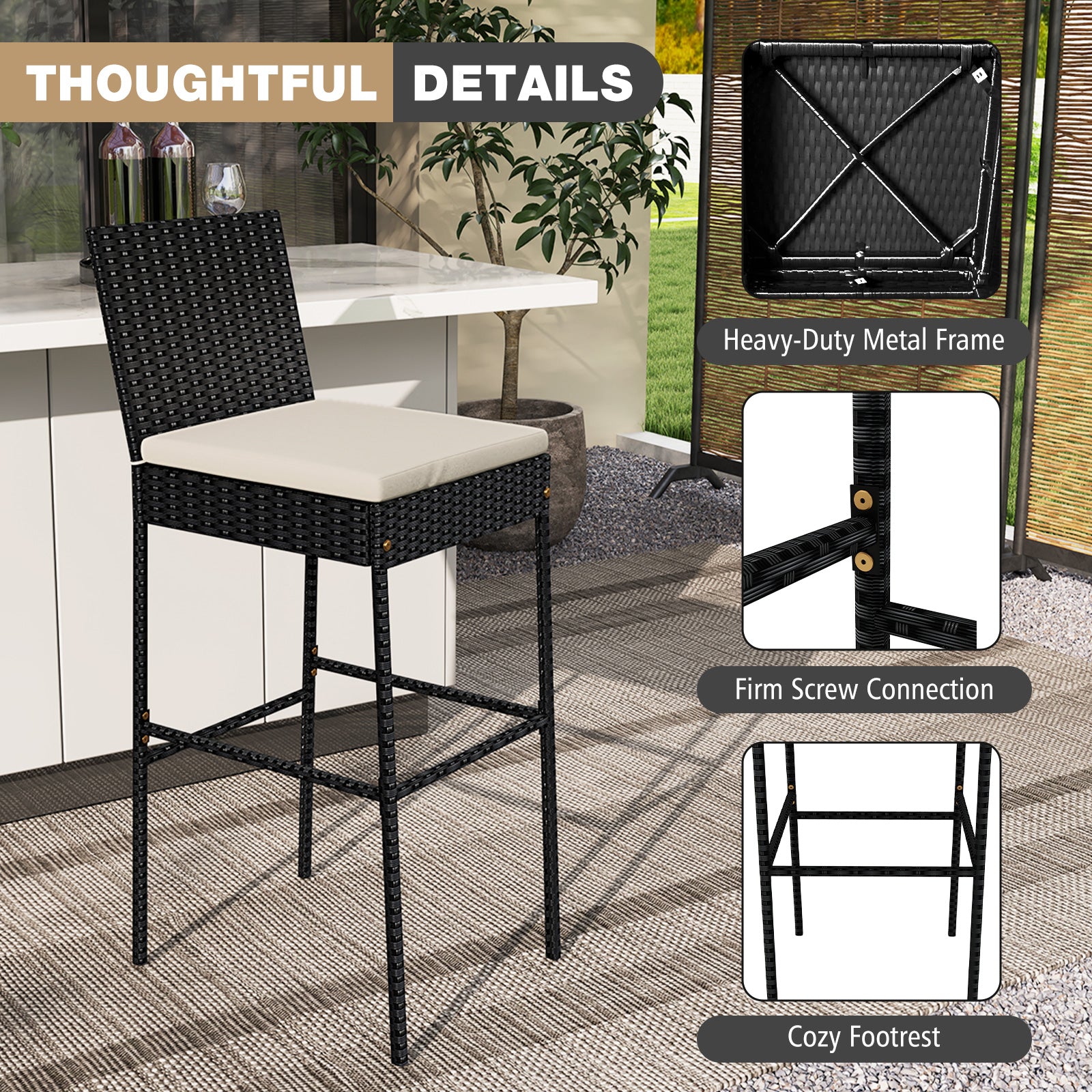 Patio Wicker Barstools with Footrest and Backrest Set of 4