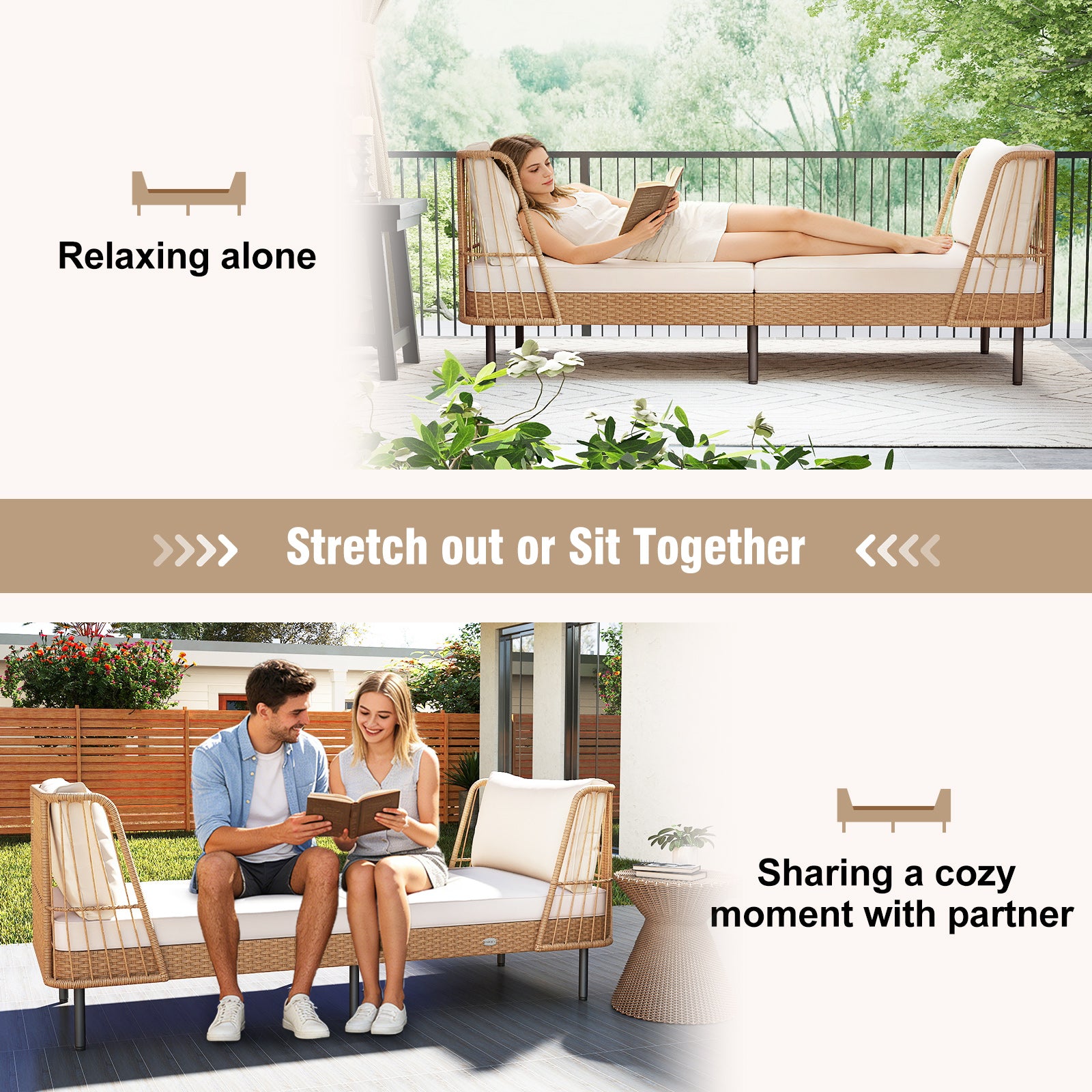 Patio Wicker Daybed Outdoor Boho Rattan Loveseat Sofa with Seat and Back Cushions-White