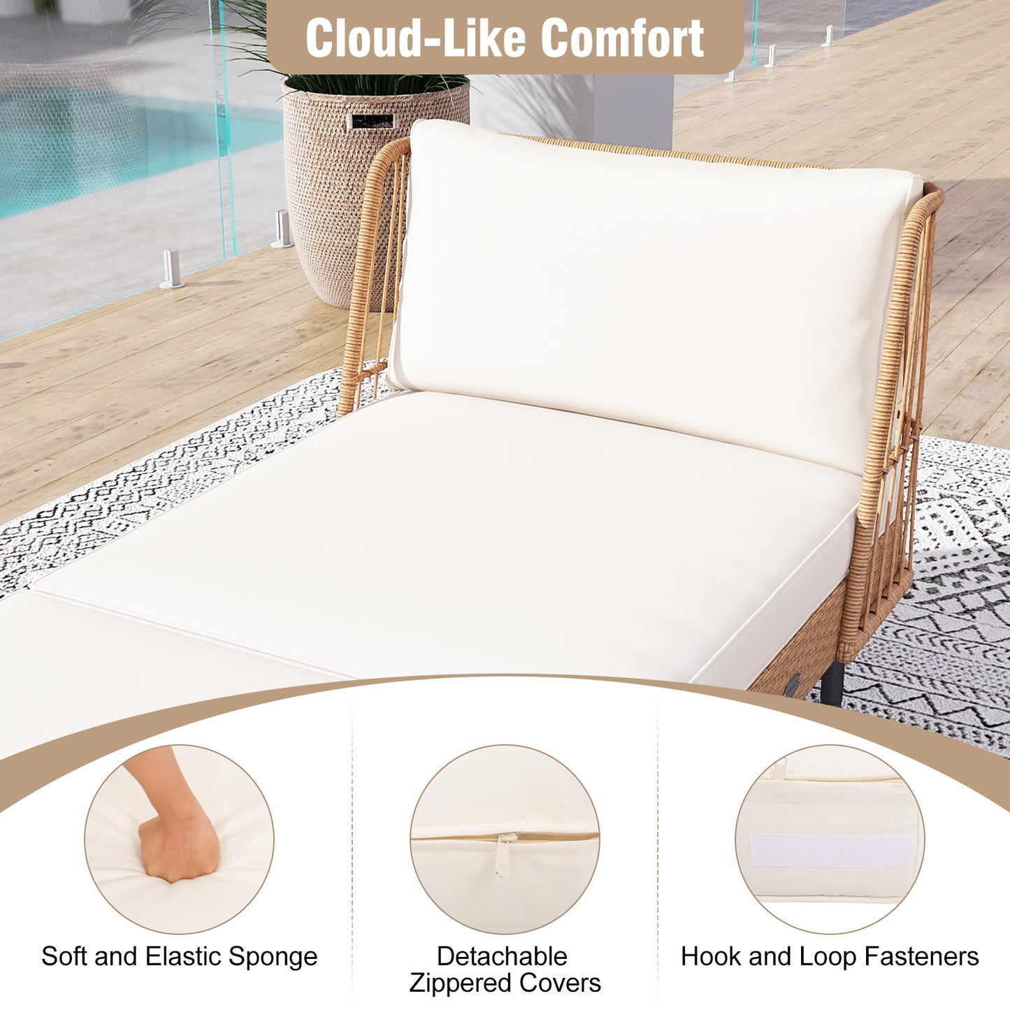 Patio Wicker Daybed Outdoor Boho Rattan Loveseat Sofa with Seat and Back Cushions-White