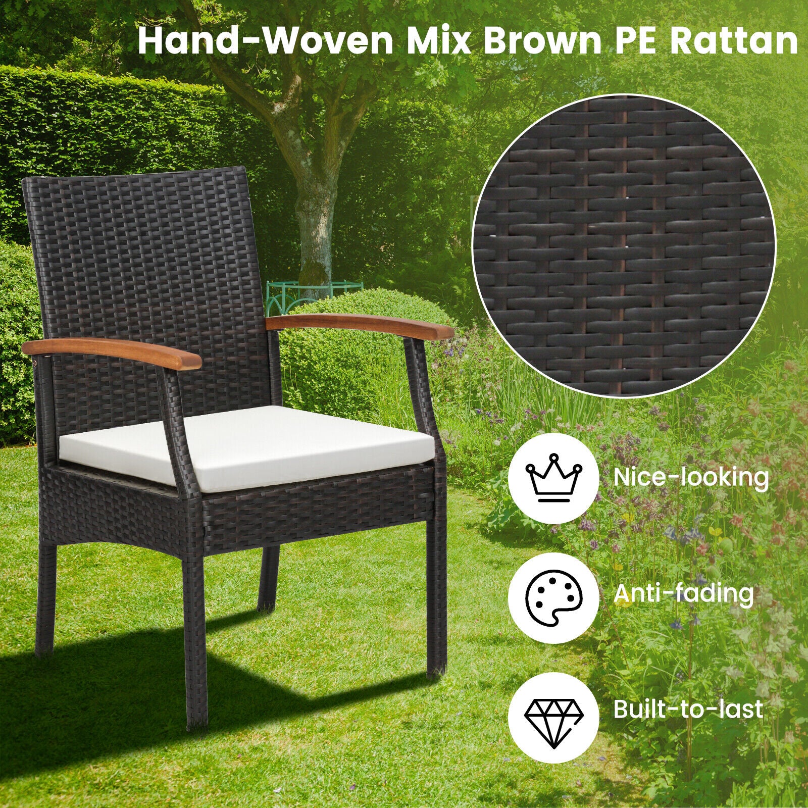 7 Pieces Patio Wicker Cushioned Dining Set with Wood Armrest and Umbrella Hole