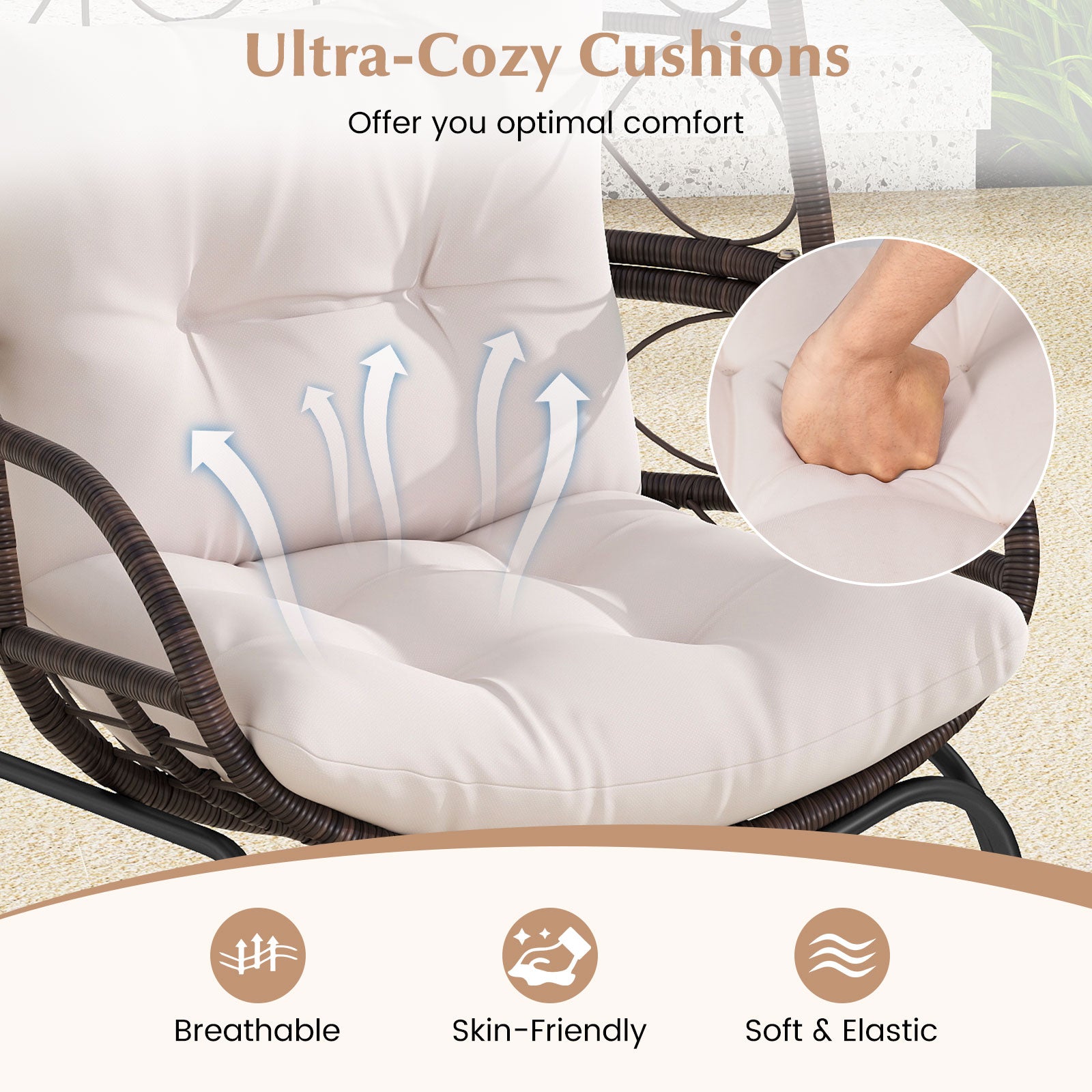 Patio Wicker Egg Chair Outdoor Rattan Lounge Basket with Seat and Back Cushions-Brown