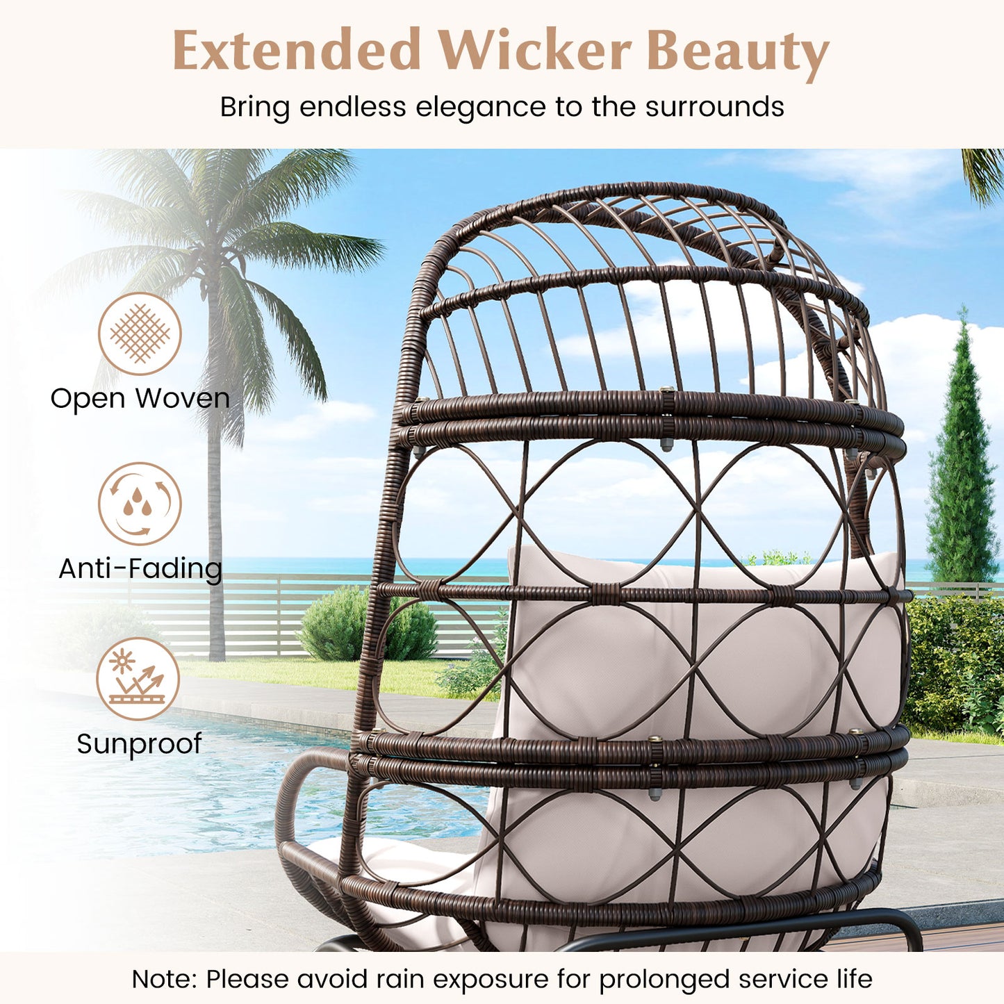 Patio Wicker Egg Chair Outdoor Rattan Lounge Basket with Seat and Back Cushions-Brown