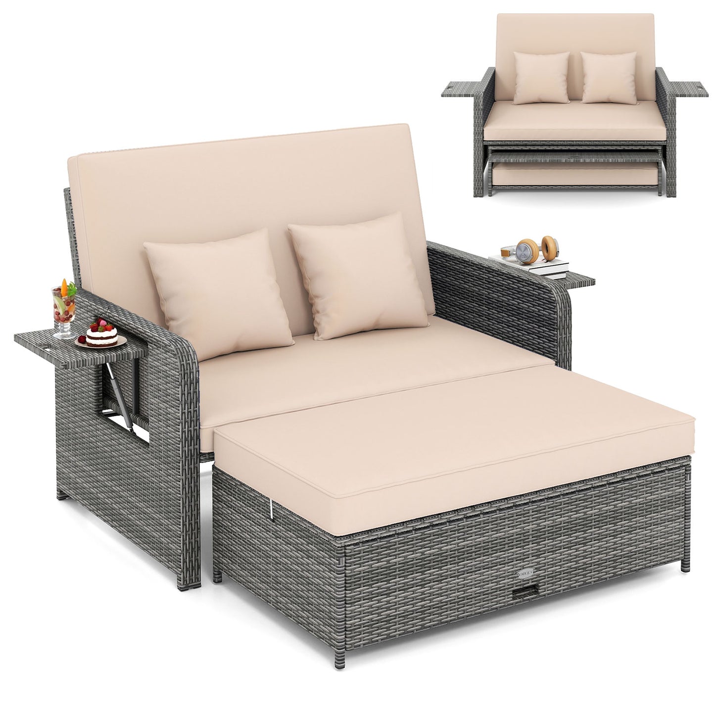 Patio Wicker Loveseat Sofa with Multipurpose Ottoman and Retractable Side Tray-Beige