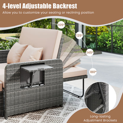Patio Wicker Loveseat Sofa with Multipurpose Ottoman and Retractable Side Tray-Beige