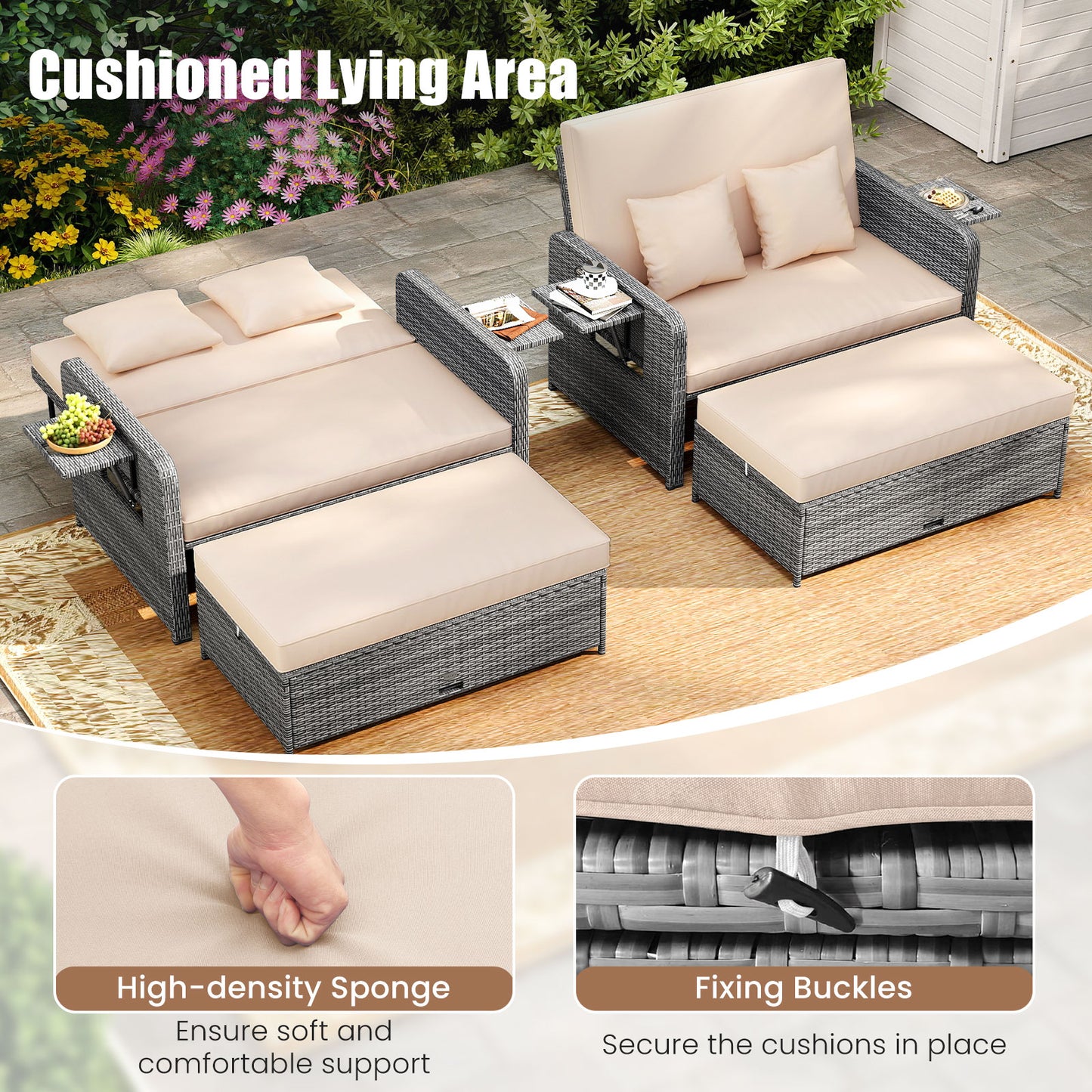 Patio Wicker Loveseat Sofa with Multipurpose Ottoman and Retractable Side Tray-Beige