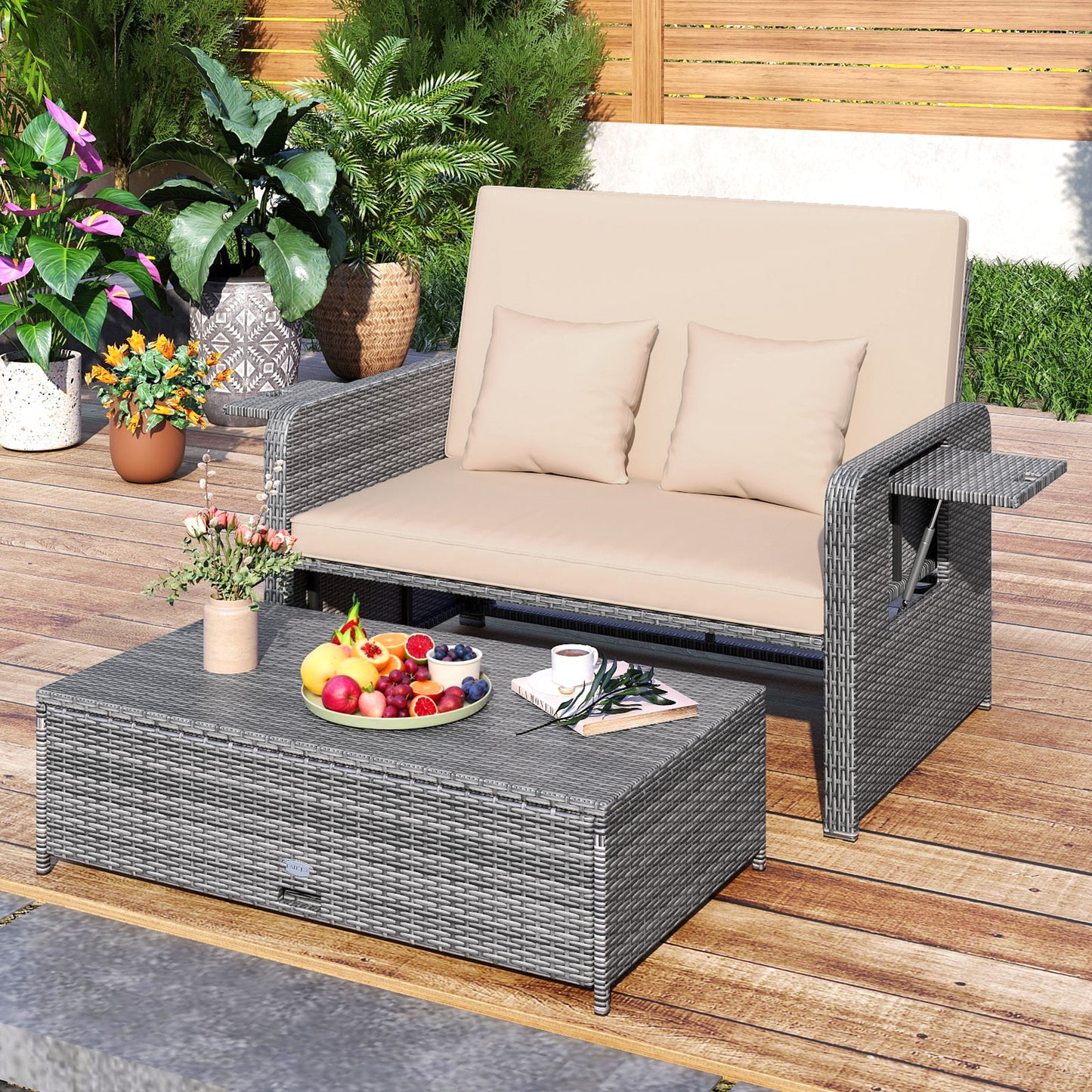Patio Wicker Loveseat Sofa with Multipurpose Ottoman and Retractable Side Tray-Beige