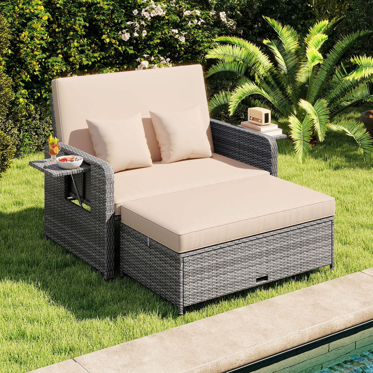 Patio Wicker Loveseat Sofa with Multipurpose Ottoman and Retractable Side Tray-Beige