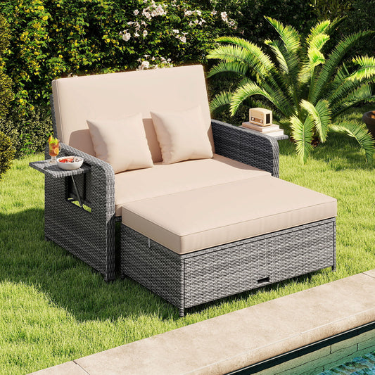 Patio Wicker Loveseat Sofa with Multipurpose Ottoman and Retractable Side Tray-Beige