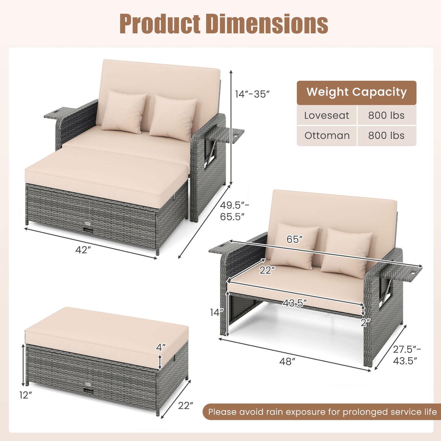 Patio Wicker Loveseat Sofa with Multipurpose Ottoman and Retractable Side Tray-Beige