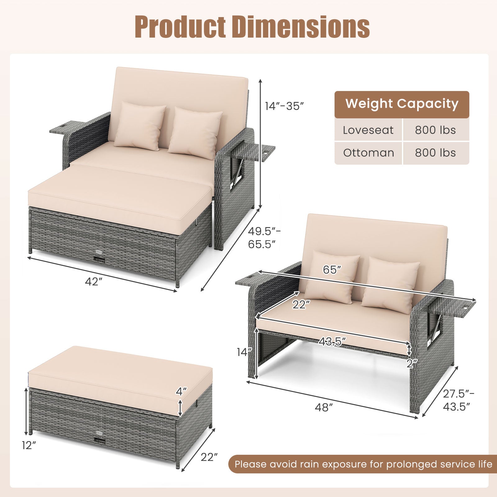 Patio Wicker Loveseat Sofa with Multipurpose Ottoman and Retractable Side Tray-Beige