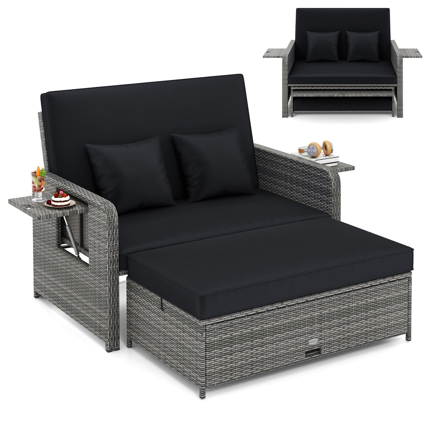 Patio Wicker Loveseat Sofa with Multipurpose Ottoman and Retractable Side Tray-Black
