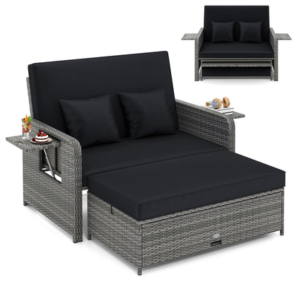Patio Wicker Loveseat Sofa with Multipurpose Ottoman and Retractable Side Tray-Black