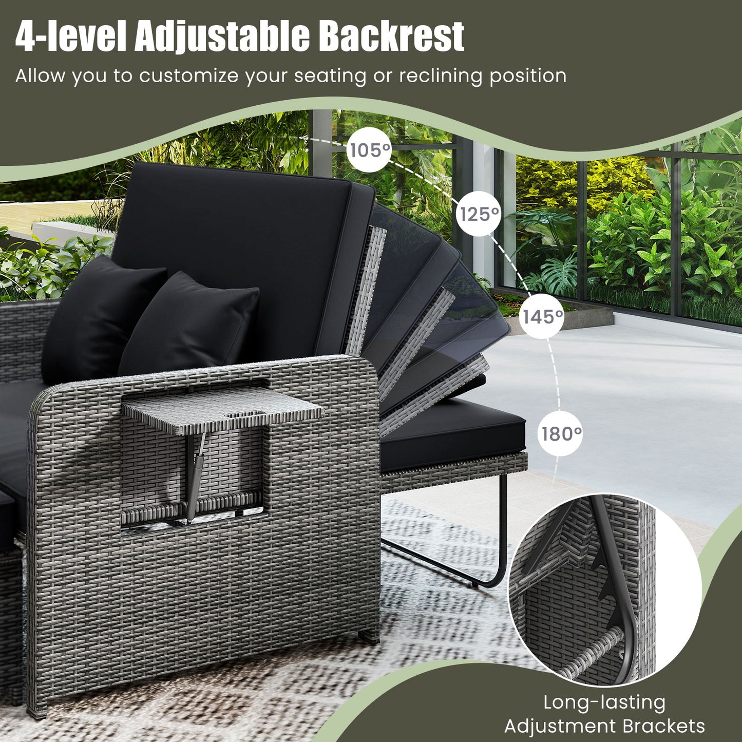 Patio Wicker Loveseat Sofa with Multipurpose Ottoman and Retractable Side Tray-Black