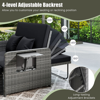 Patio Wicker Loveseat Sofa with Multipurpose Ottoman and Retractable Side Tray-Black
