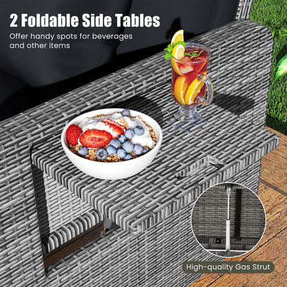 Patio Wicker Loveseat Sofa with Multipurpose Ottoman and Retractable Side Tray-Black