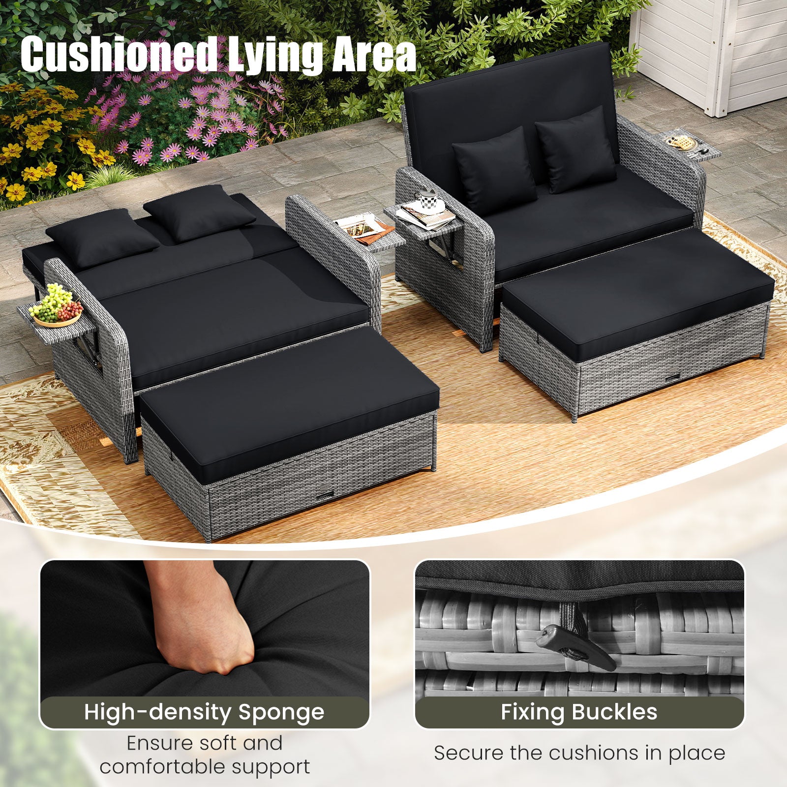 Patio Wicker Loveseat Sofa with Multipurpose Ottoman and Retractable Side Tray-Black