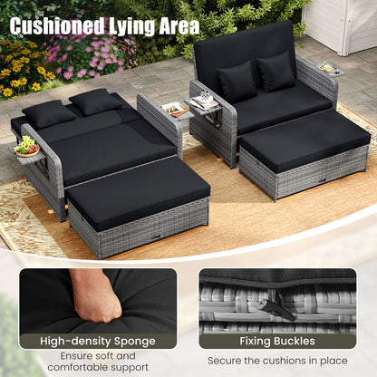Patio Wicker Loveseat Sofa with Multipurpose Ottoman and Retractable Side Tray-Black