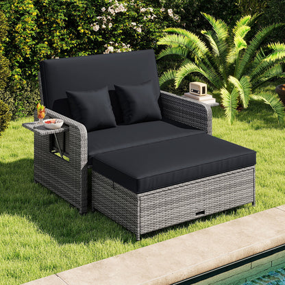 Patio Wicker Loveseat Sofa with Multipurpose Ottoman and Retractable Side Tray-Black