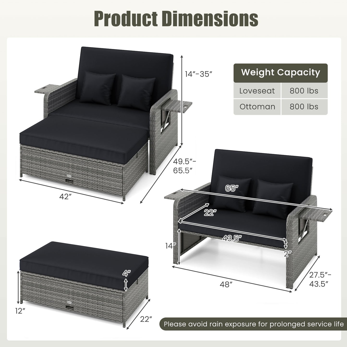 Patio Wicker Loveseat Sofa with Multipurpose Ottoman and Retractable Side Tray-Black