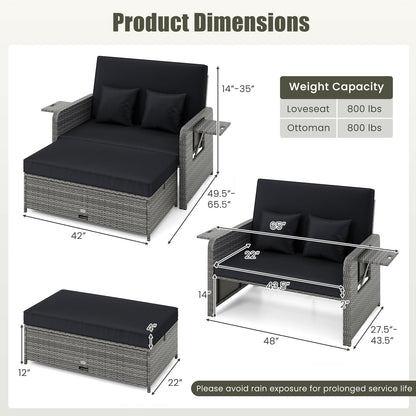 Patio Wicker Loveseat Sofa with Multipurpose Ottoman and Retractable Side Tray-Black