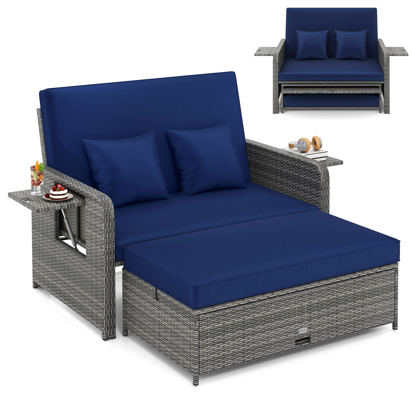 Patio Wicker Loveseat Sofa with Multipurpose Ottoman and Retractable Side Tray-Navy