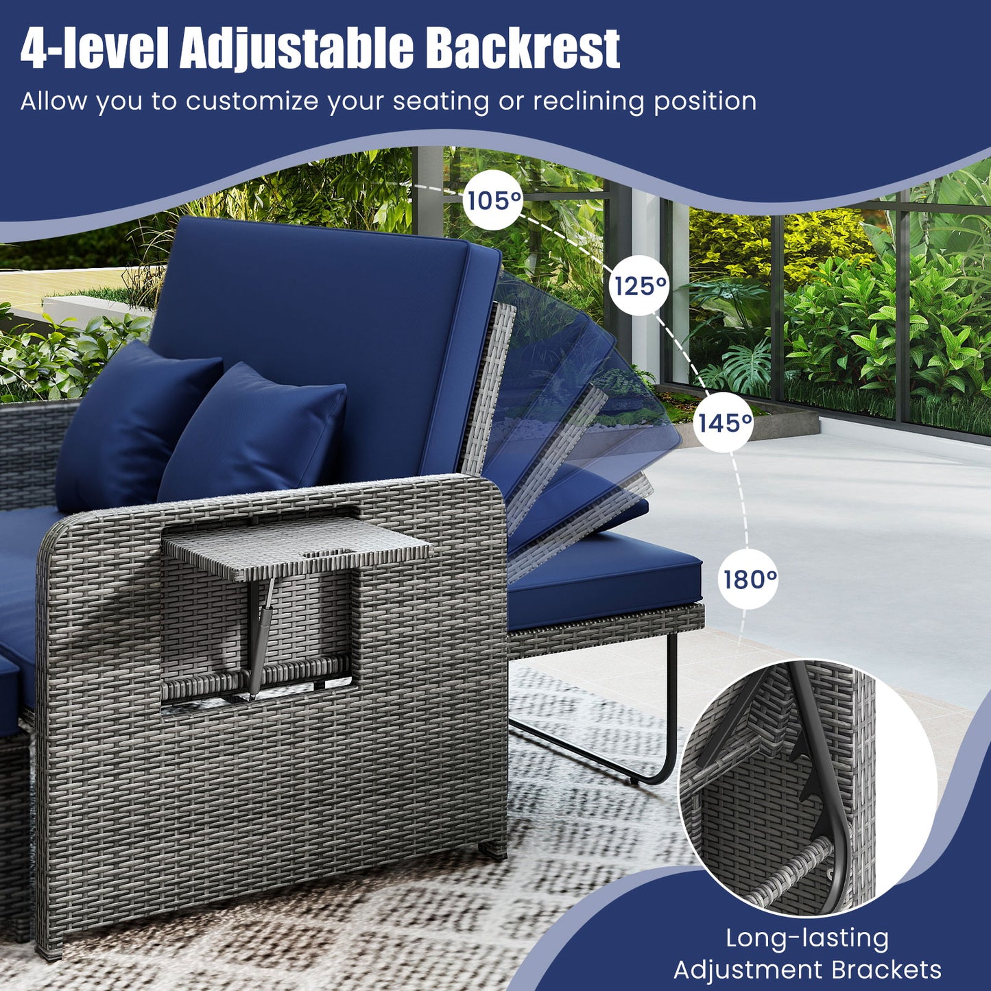 Patio Wicker Loveseat Sofa with Multipurpose Ottoman and Retractable Side Tray-Navy