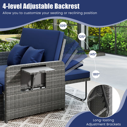 Patio Wicker Loveseat Sofa with Multipurpose Ottoman and Retractable Side Tray-Navy