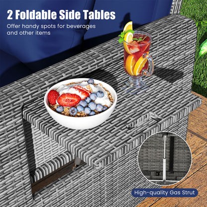 Patio Wicker Loveseat Sofa with Multipurpose Ottoman and Retractable Side Tray-Navy