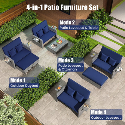 Patio Wicker Loveseat Sofa with Multipurpose Ottoman and Retractable Side Tray-Navy