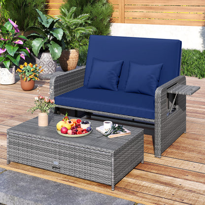 Patio Wicker Loveseat Sofa with Multipurpose Ottoman and Retractable Side Tray-Navy