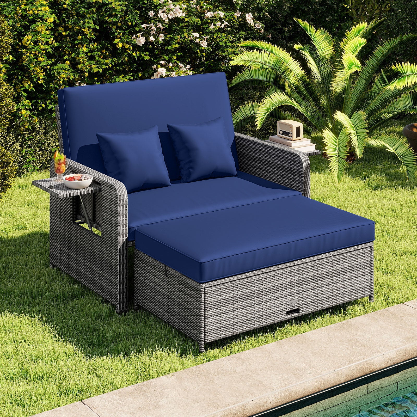 Patio Wicker Loveseat Sofa with Multipurpose Ottoman and Retractable Side Tray-Navy