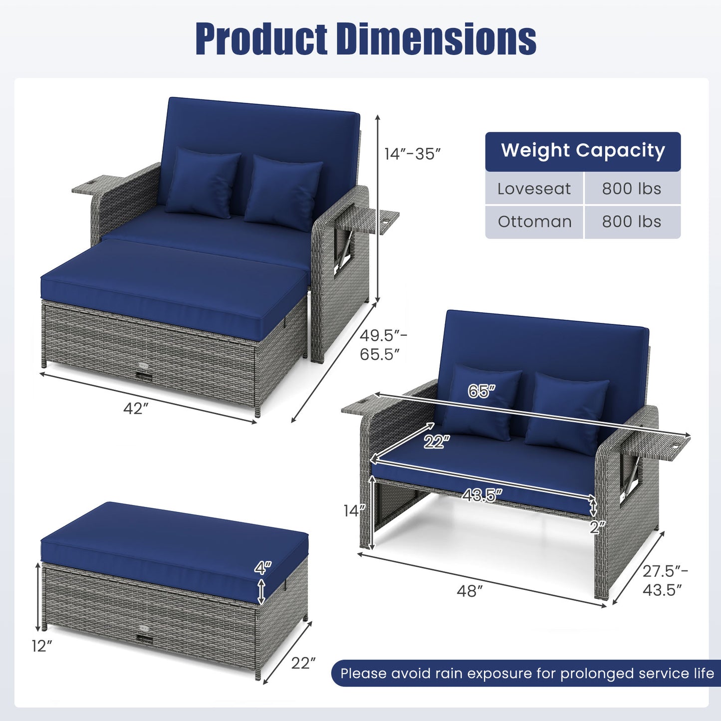 Patio Wicker Loveseat Sofa with Multipurpose Ottoman and Retractable Side Tray-Navy